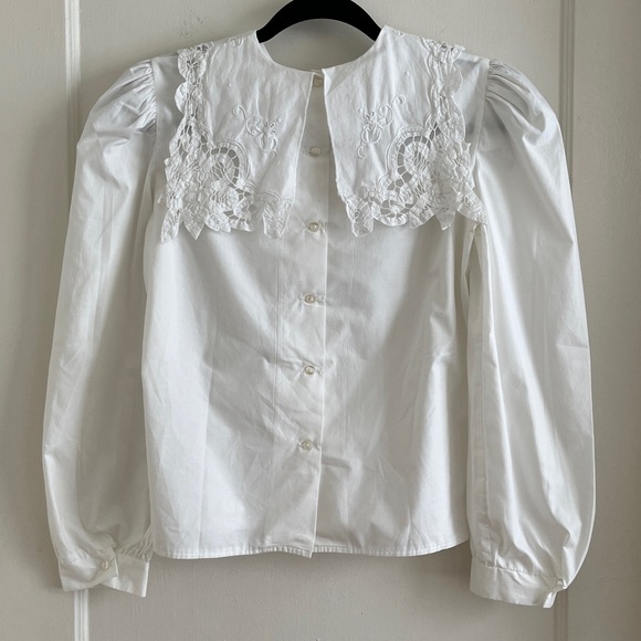 Vintage 80s Square Lace Sailor Collar Cotton Blend Blouse Back Button Top XS/S - Picture 3 of 12